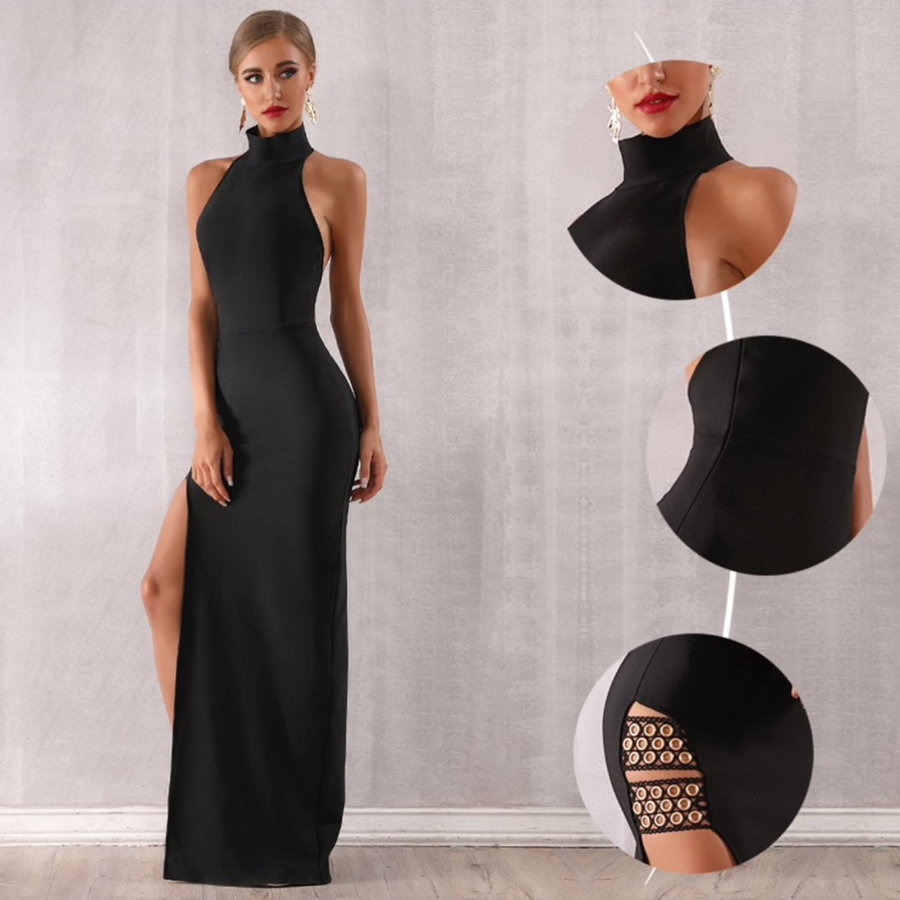 LONG BLACK BANDAGE DRESS LEG SLIT BACKLESS MAXI - Picture 4 of 13